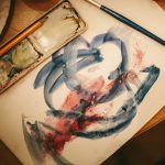 A painting of random blue and red brushstrokes and art materials
